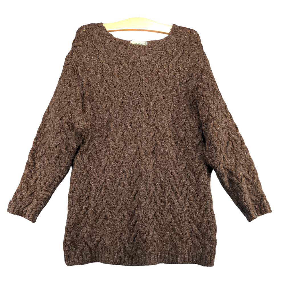 L.L. Bean Women's Tunic Cable Knit Sweater Brown Medium Lambswool Ribbed Hem